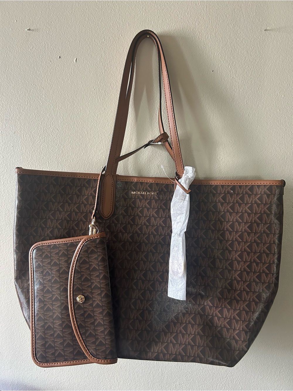 Michael Kors Brown Monogram Large Tote with Matching Wristlet